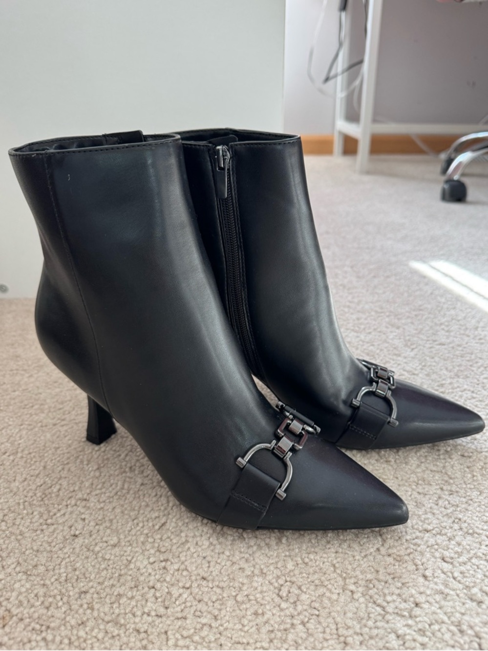 Black Pointed Toe Ankle Booties with Metal Bit Detail